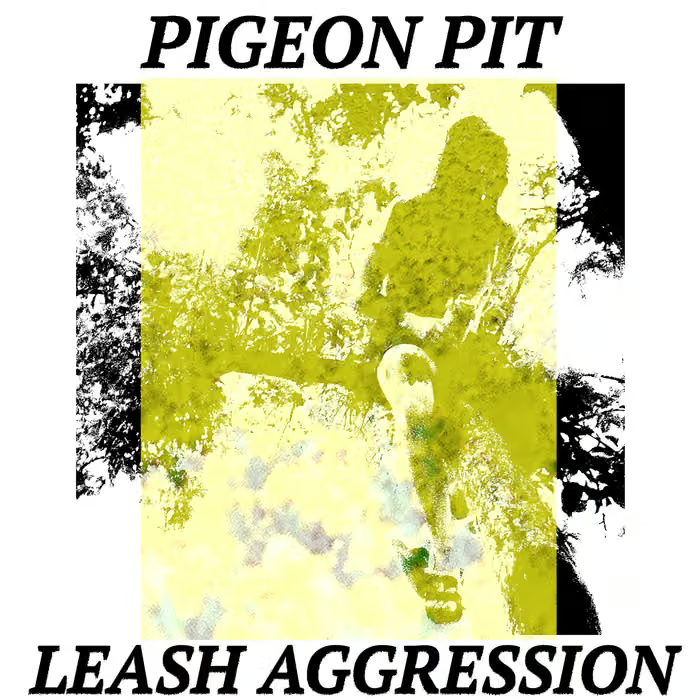 a person sits in a tree holding a can, overlayed by a semi transparent block of yellow. the image is unclear and made up of shadows and color. text reads "pigeon pit" and "leash aggression"