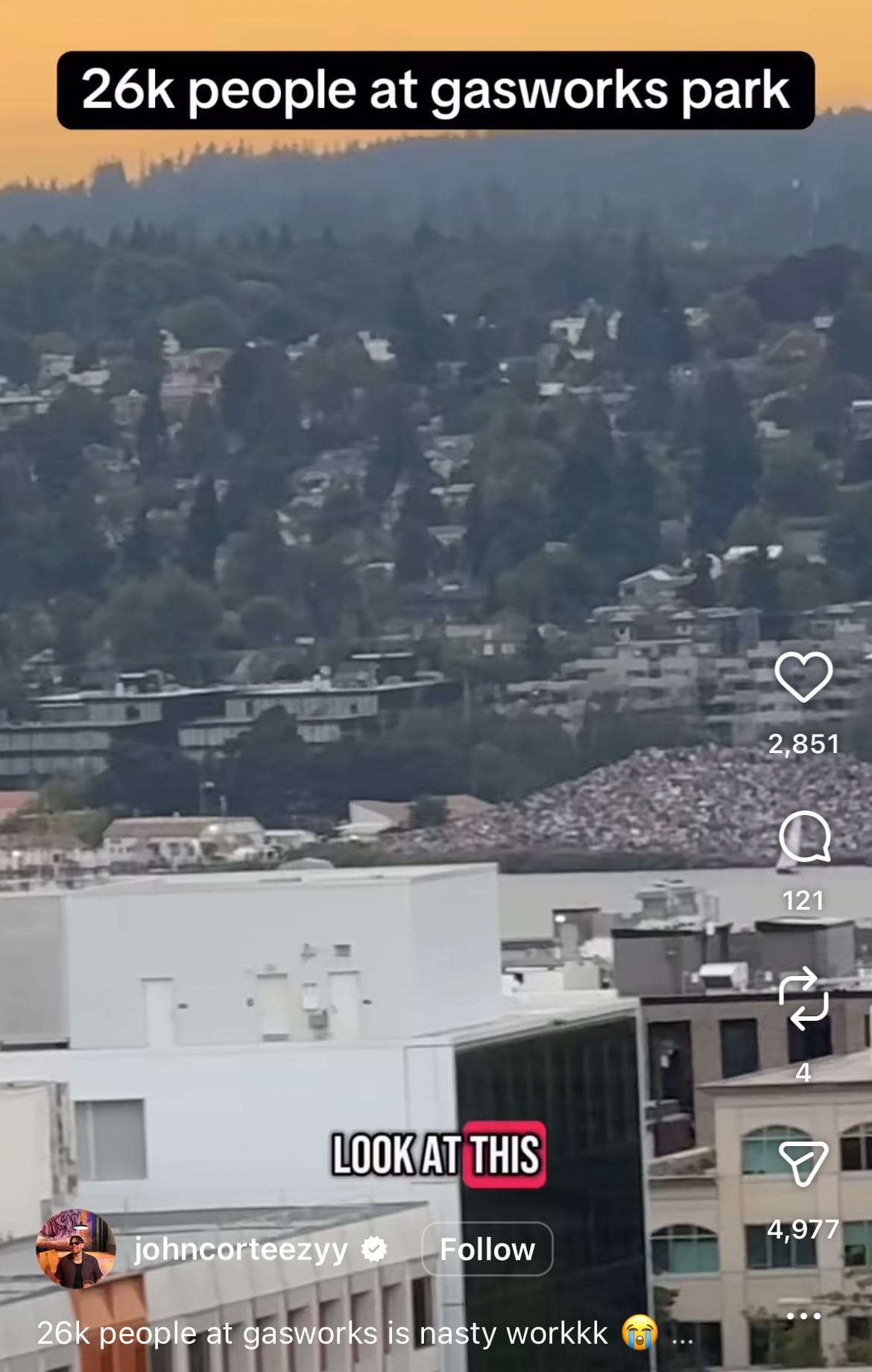 Text reads, “26k people at gasworks park look at this 26k people at gasworks is nasty workkk crying face emoji”